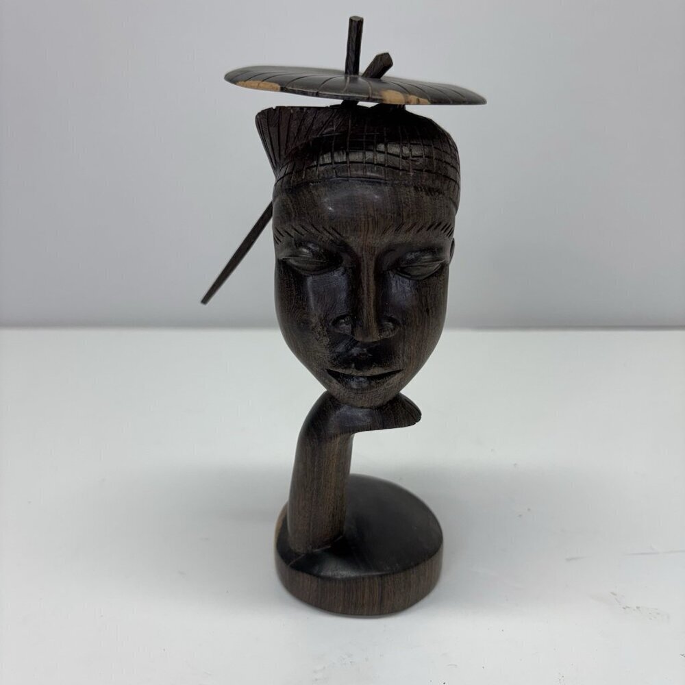 Vintage Hand Carved Ebonyβ Wood African Sculpture Tribal Mens Bust Removable Hat